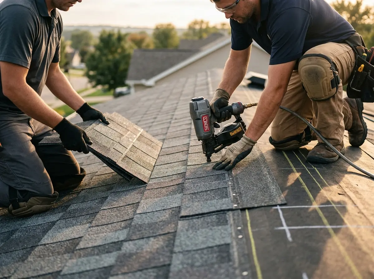 Professional roofer working on a residential roof in North Hempstead